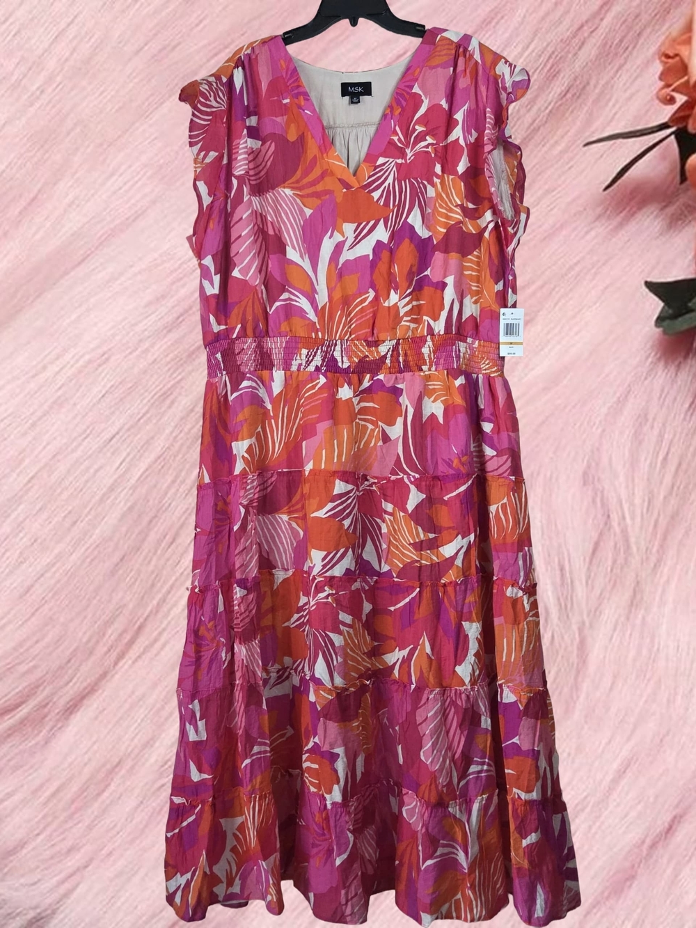 MSK Fuchsia & Orange Tropical V-Neck Tiered Midi Dress